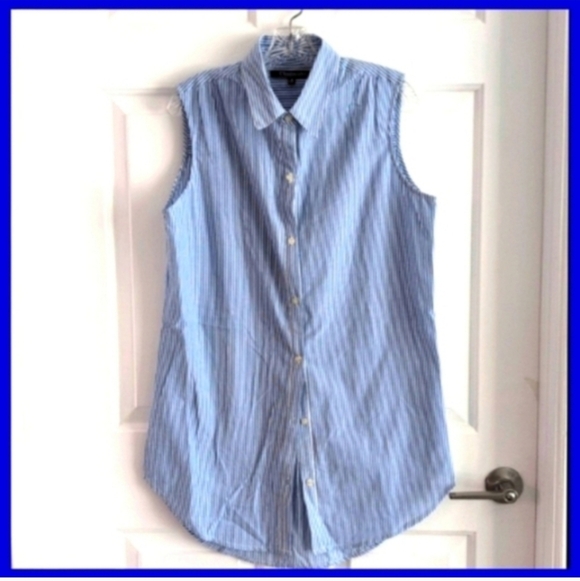 Chadwicks Tops - Blue striped sleeveless button-up casual Collared Shirt swim coverup 100%Cotton